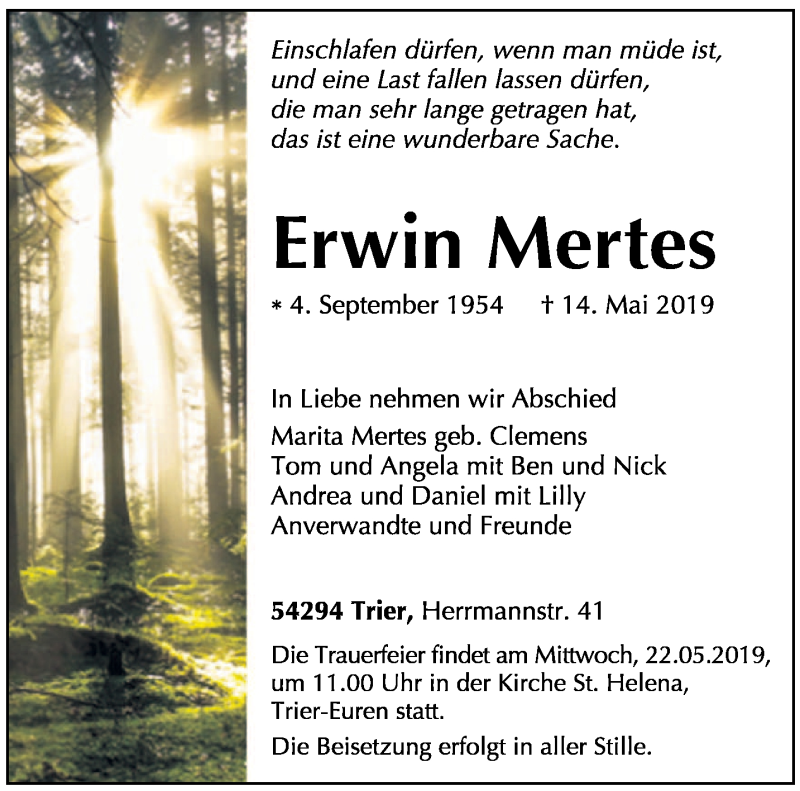  Traueranzeige für Erwin Mertes vom 18.05.2019 aus trierischer_volksfreund