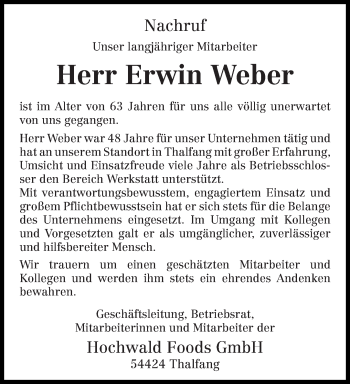 Traueranzeige von Erwin Weber von trierischer_volksfreund