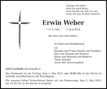Traueranzeige von Erwin Weber von trierischer_volksfreund