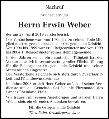 Traueranzeige von Erwin Weber von trierischer_volksfreund