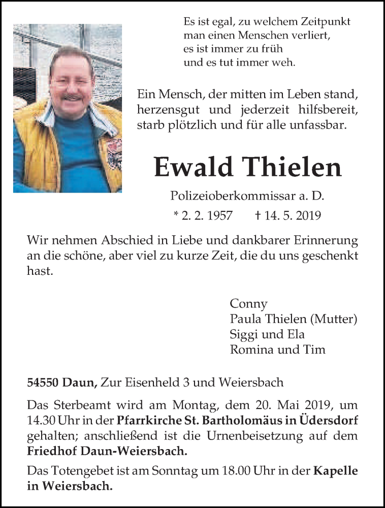  Traueranzeige für Ewald Thielen vom 16.05.2019 aus trierischer_volksfreund