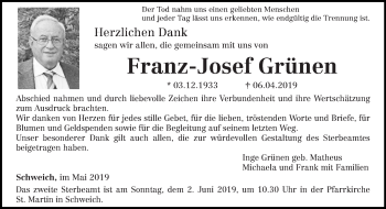 Traueranzeige von Franz-Josef Grünen von trierischer_volksfreund