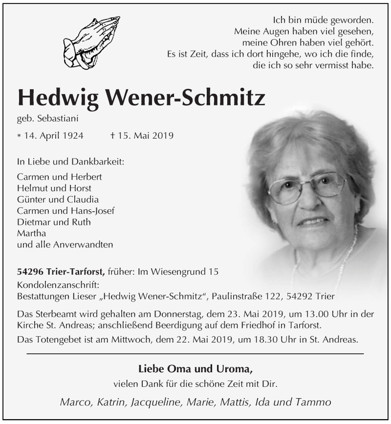  Traueranzeige für Hedwig Wener-Schmitz vom 20.05.2019 aus trierischer_volksfreund