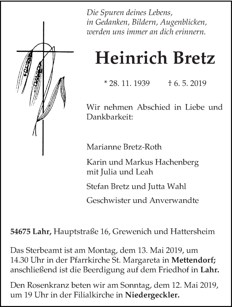  Traueranzeige für Heinrich Bretz vom 09.05.2019 aus trierischer_volksfreund