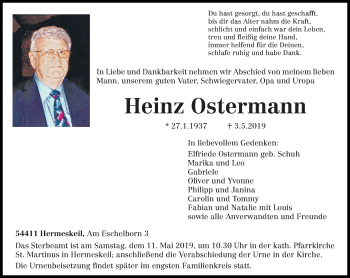 Traueranzeigen von Heinz Ostermann | Volksfreund.Trauer.de