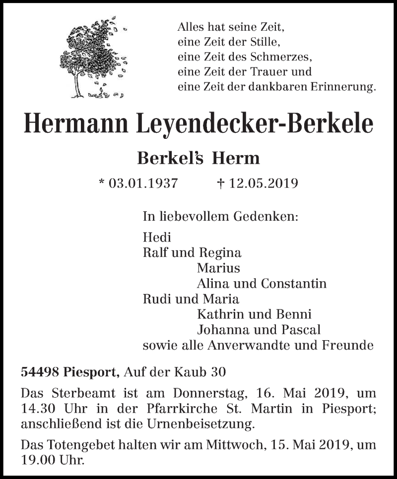  Traueranzeige für Hermann Leyendecker-Berkele vom 14.05.2019 aus trierischer_volksfreund
