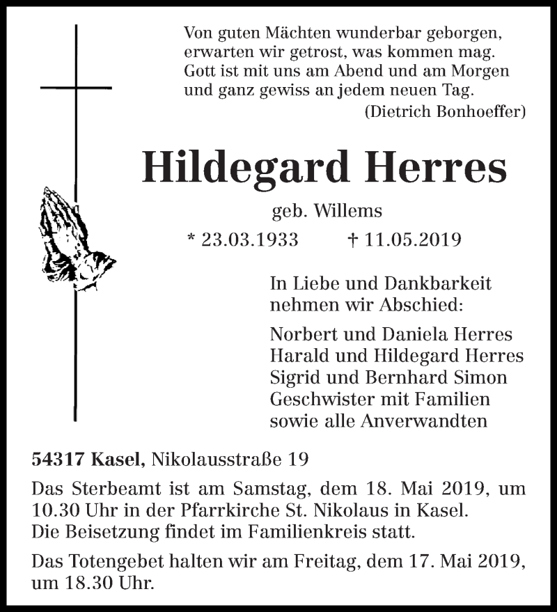 Traueranzeige für Hildegard Herres vom 15.05.2019 aus trierischer_volksfreund