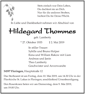 Traueranzeige von Hildegard THommes von trierischer_volksfreund