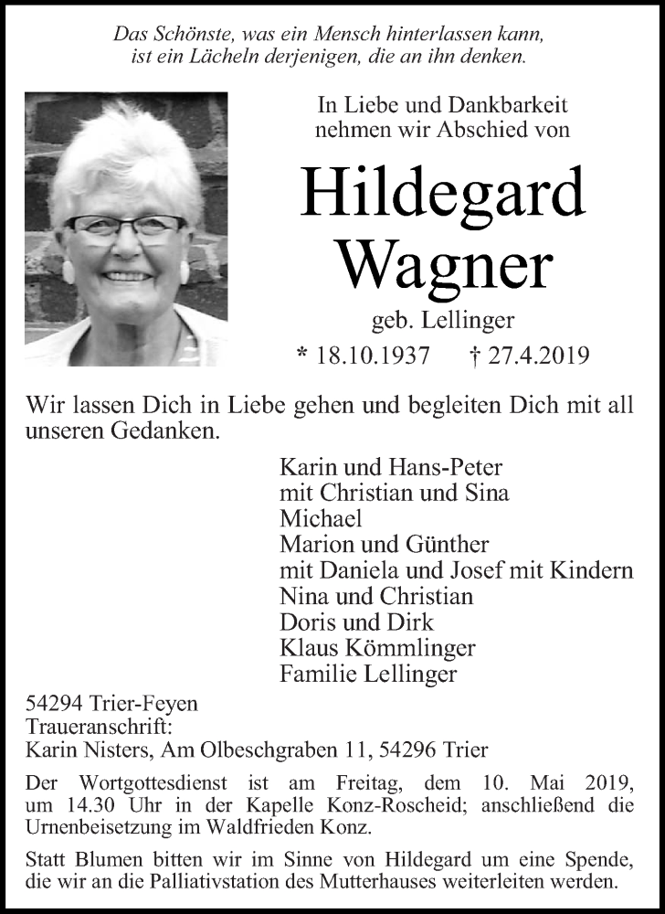  Traueranzeige für Hildegard Wagner vom 04.05.2019 aus trierischer_volksfreund