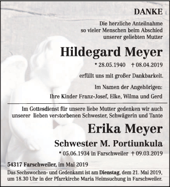 Traueranzeige von Hildegard und Erika Meyer von trierischer_volksfreund