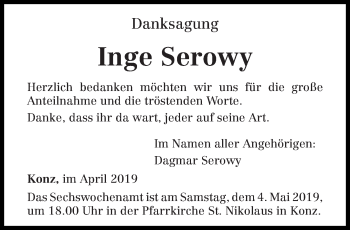 Traueranzeige von Inge Serowy von trierischer_volksfreund