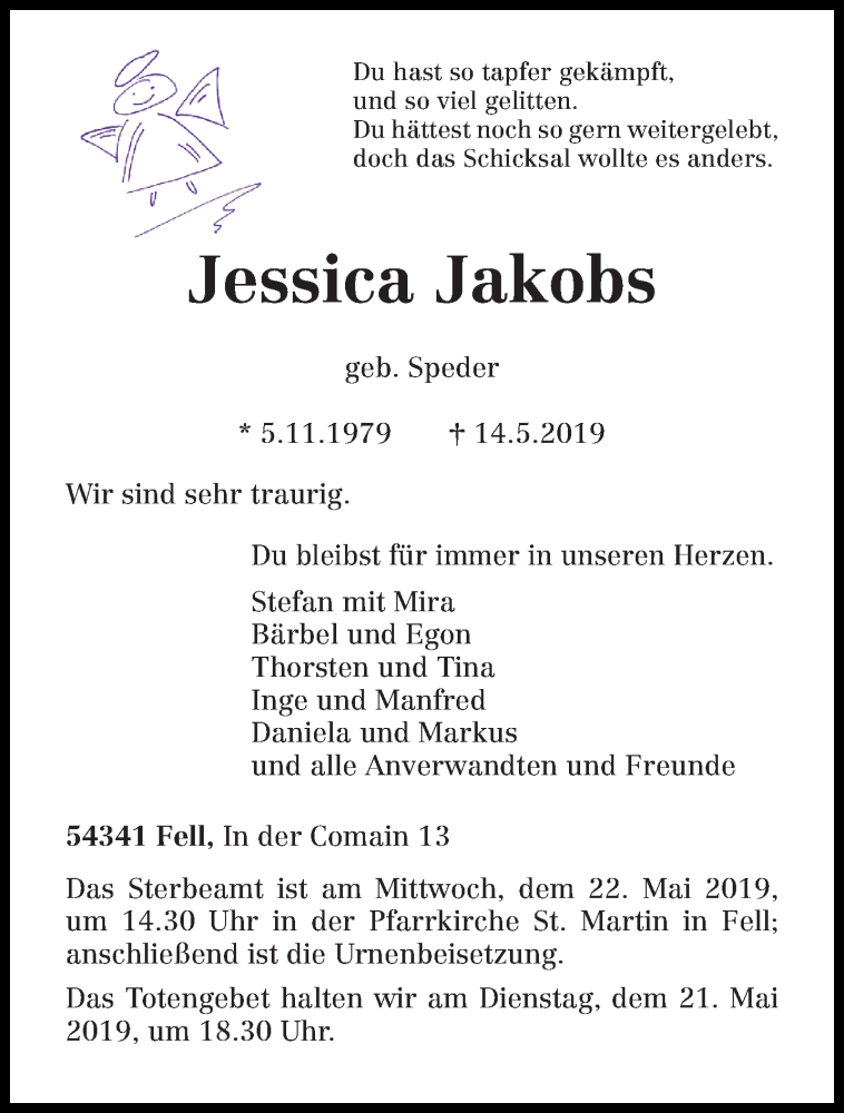  Traueranzeige für Jessica Jakobs vom 18.05.2019 aus trierischer_volksfreund