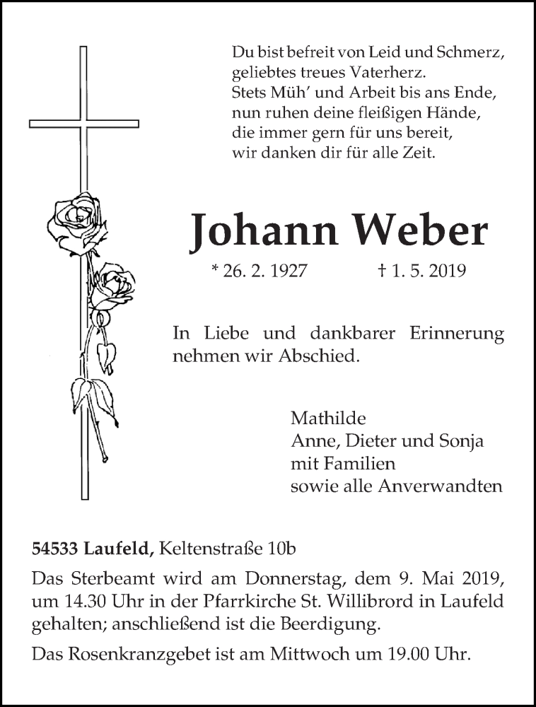  Traueranzeige für Johann Weber vom 04.05.2019 aus trierischer_volksfreund
