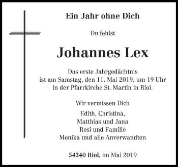 Traueranzeige von Johannes Lex von trierischer_volksfreund