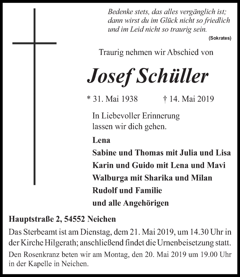  Traueranzeige für Josef Schüller vom 17.05.2019 aus trierischer_volksfreund
