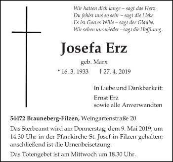 Traueranzeige von Josefa Erz von trierischer_volksfreund