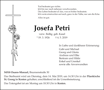 Traueranzeige von Josefa Petri von trierischer_volksfreund