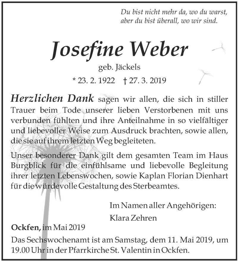  Traueranzeige für Josefine Weber vom 04.05.2019 aus trierischer_volksfreund