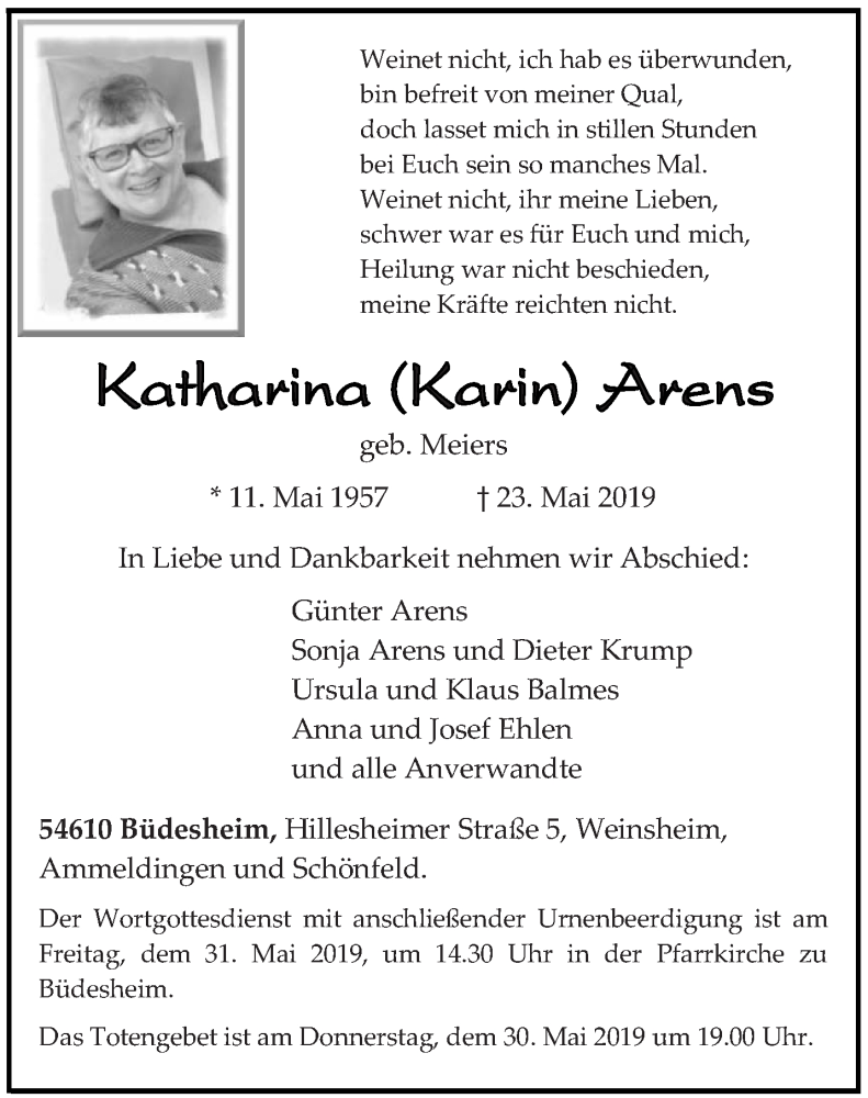  Traueranzeige für Katharina Arens vom 28.05.2019 aus trierischer_volksfreund