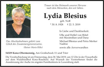 Traueranzeige von Lydia Blesius von trierischer_volksfreund