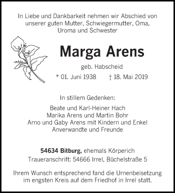 Traueranzeige von Marga Arens von trierischer_volksfreund