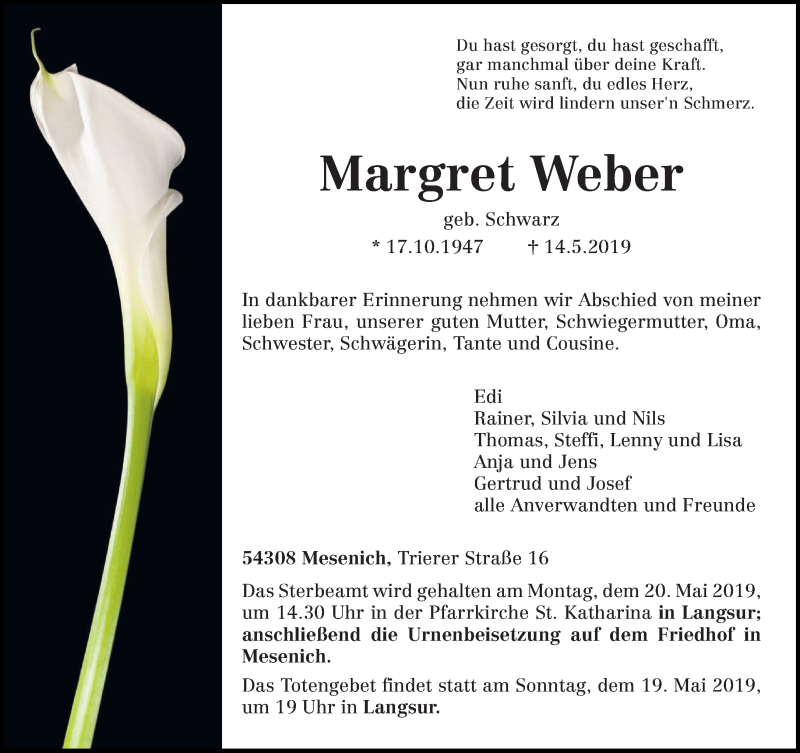  Traueranzeige für Margret Weber vom 18.05.2019 aus trierischer_volksfreund