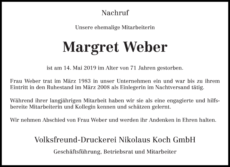  Traueranzeige für Margret Weber vom 29.05.2019 aus trierischer_volksfreund