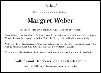 Traueranzeige von Margret Weber von trierischer_volksfreund