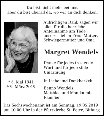 Traueranzeige von Margret Wendels von trierischer_volksfreund