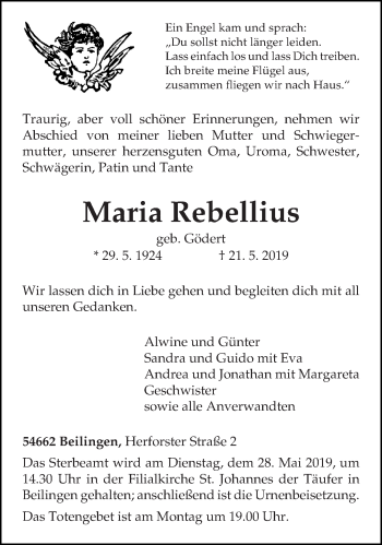 Traueranzeige von Maria Rebellius von trierischer_volksfreund