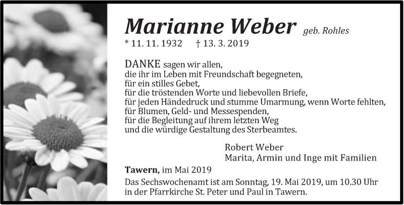  Traueranzeige für Marianne Weber vom 15.05.2019 aus trierischer_volksfreund