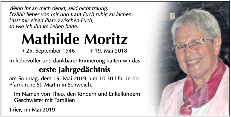  Traueranzeige für Mathilde Moritz vom 14.05.2019 aus trierischer_volksfreund