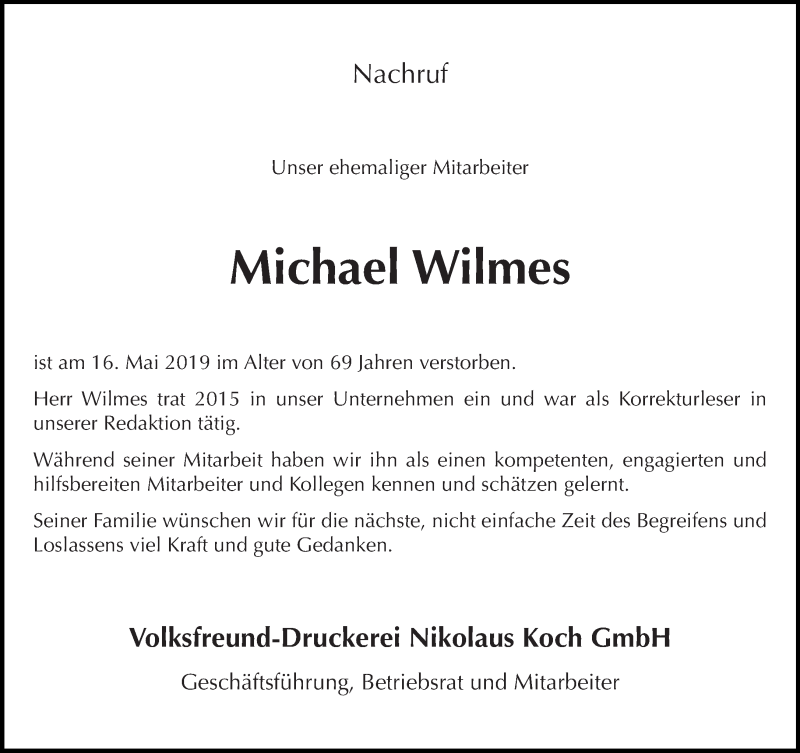  Traueranzeige für Michael Wilmes vom 25.05.2019 aus trierischer_volksfreund