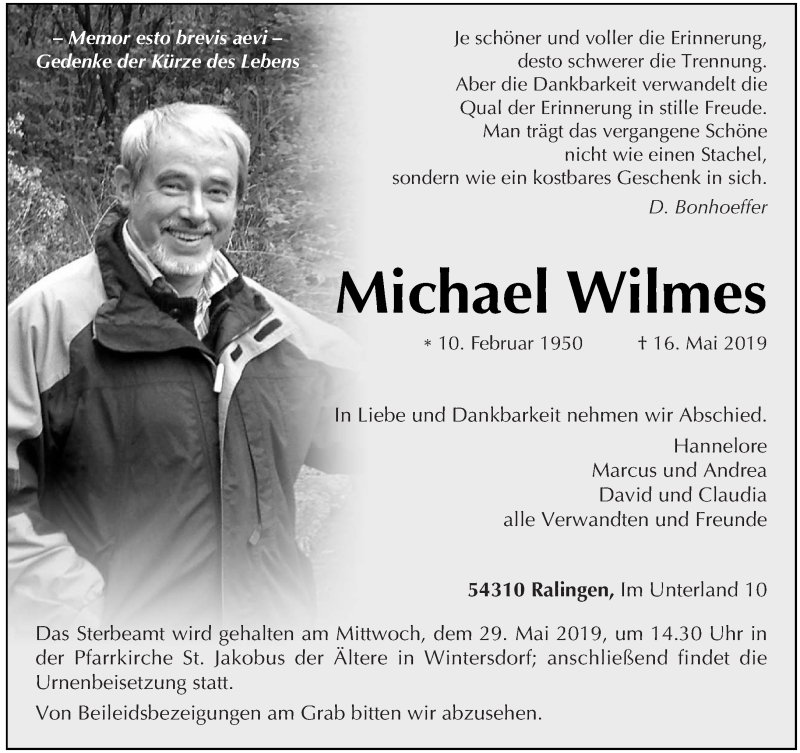  Traueranzeige für Michael Wilmes vom 25.05.2019 aus trierischer_volksfreund