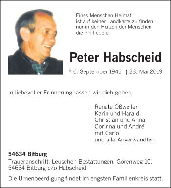 Traueranzeige von Peter Habscheid von trierischer_volksfreund