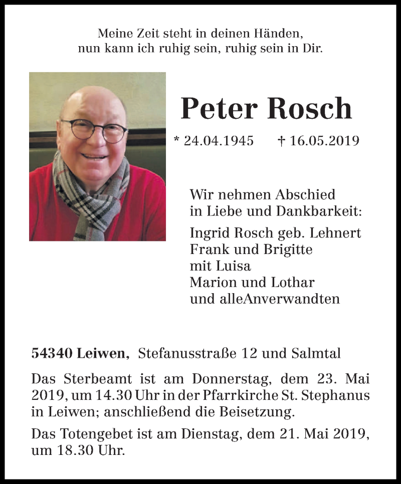  Traueranzeige für Peter Rosch vom 20.05.2019 aus trierischer_volksfreund