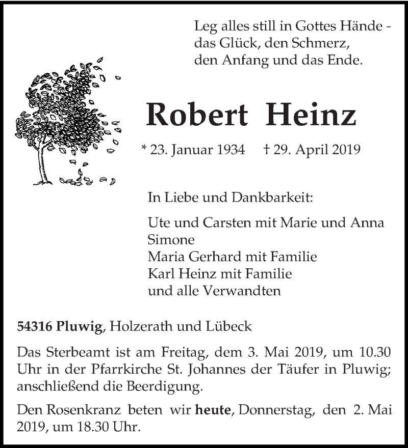  Traueranzeige für Robert Heinz vom 02.05.2019 aus trierischer_volksfreund