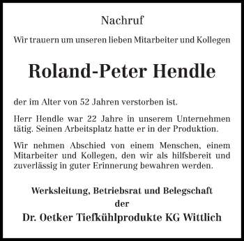 Traueranzeige von Roland-Peter Hendle von trierischer_volksfreund