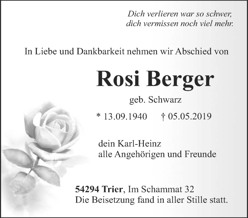  Traueranzeige für Rosi Berger vom 13.05.2019 aus trierischer_volksfreund