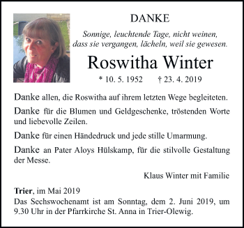 Traueranzeige von Roswitha Winter von trierischer_volksfreund