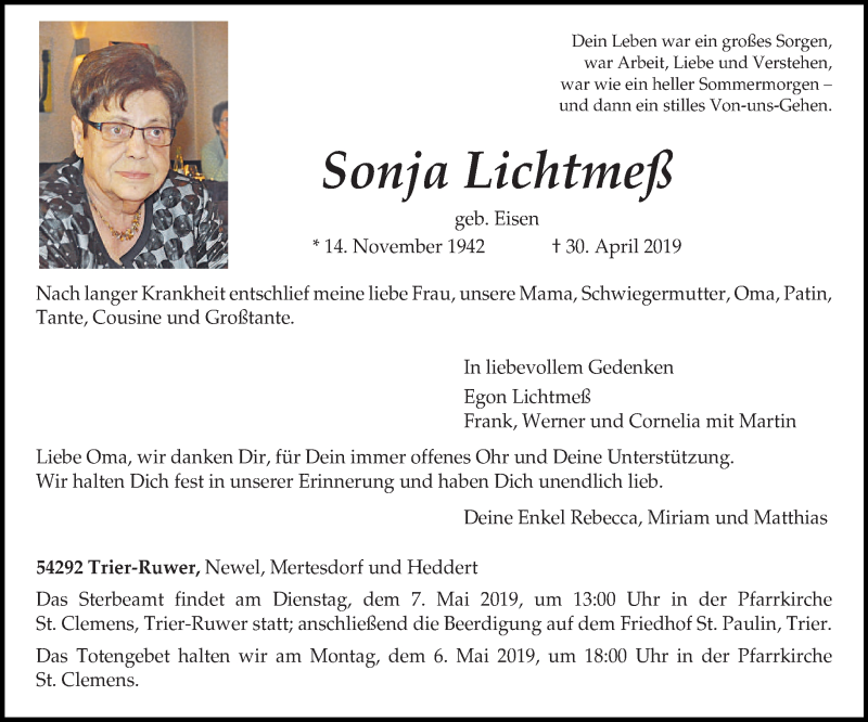  Traueranzeige für Sonja Lichtmeß vom 04.05.2019 aus trierischer_volksfreund