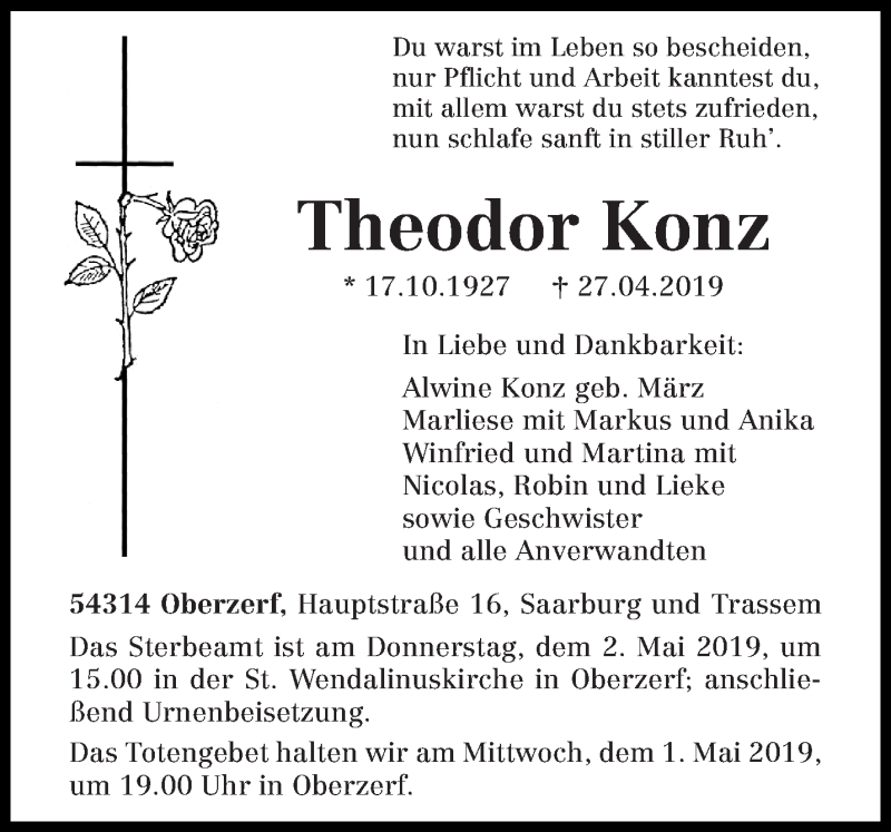  Traueranzeige für Theodor Konz vom 30.04.2019 aus trierischer_volksfreund