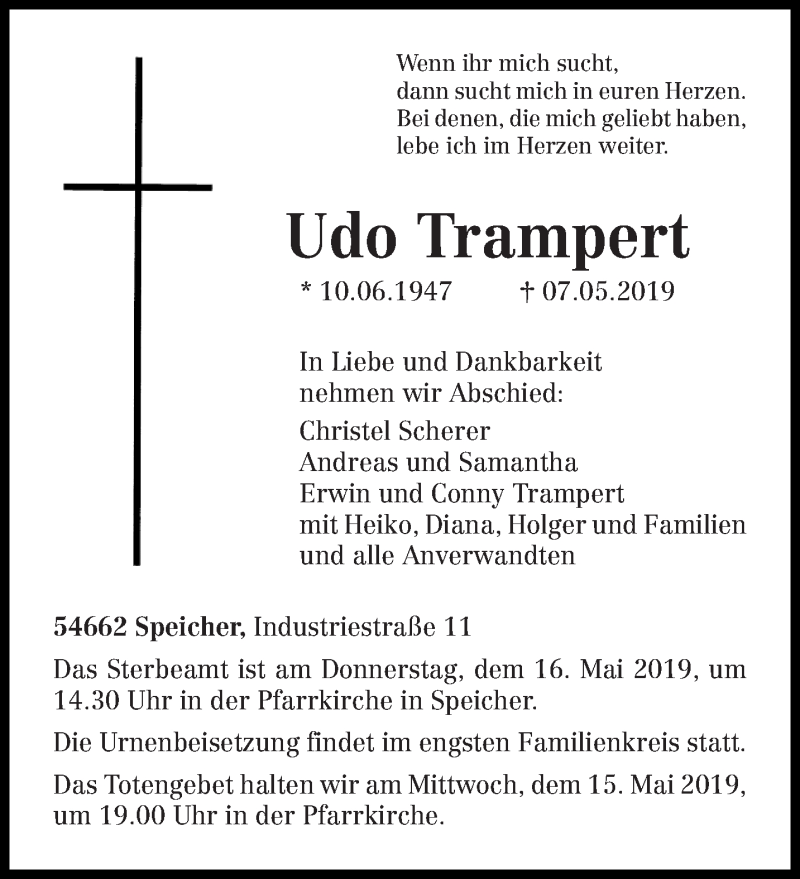  Traueranzeige für Udo Trampert vom 11.05.2019 aus trierischer_volksfreund
