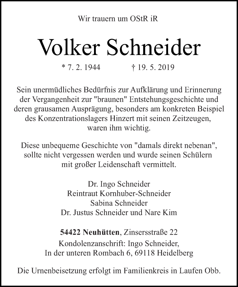  Traueranzeige für Volker Schneider vom 25.05.2019 aus trierischer_volksfreund