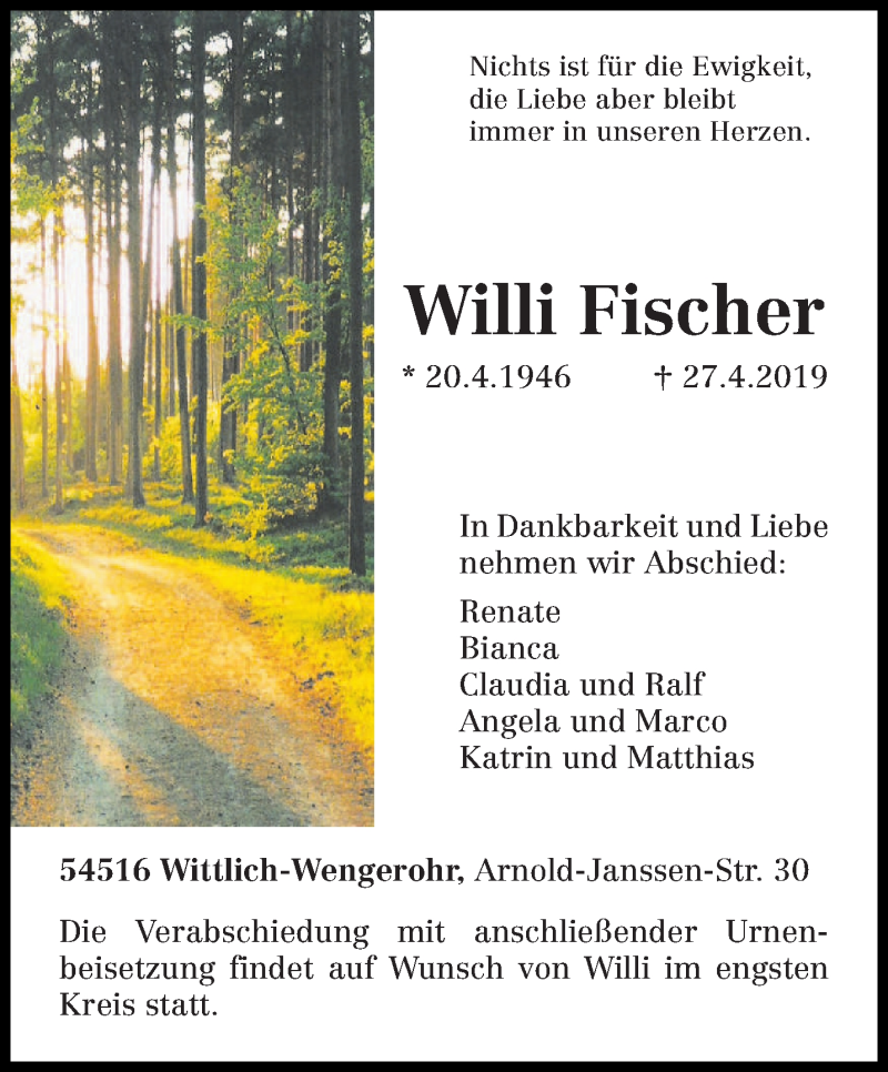  Traueranzeige für Willi Fischer vom 04.05.2019 aus trierischer_volksfreund