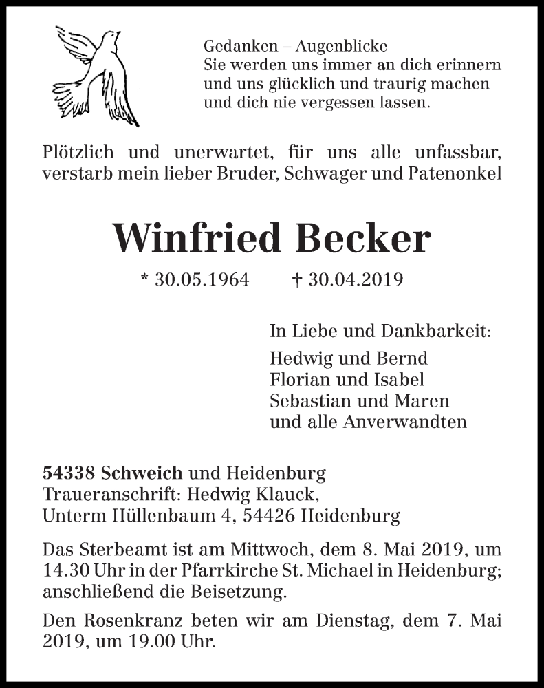  Traueranzeige für Winfried Becker vom 04.05.2019 aus trierischer_volksfreund