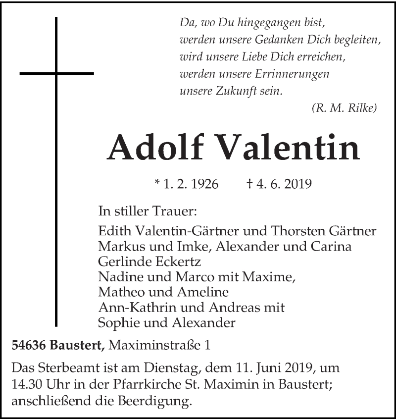  Traueranzeige für Adolf Valentin vom 07.06.2019 aus trierischer_volksfreund