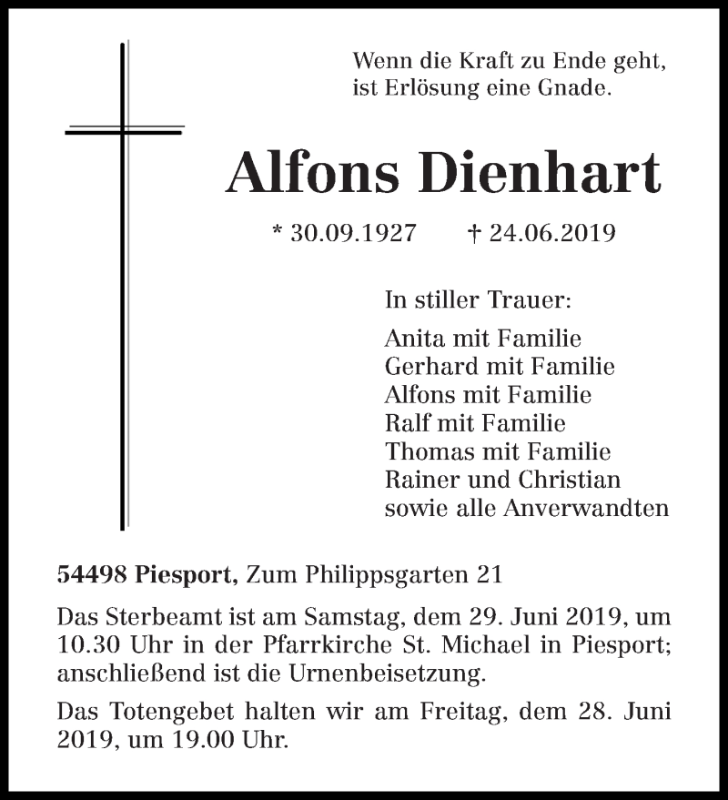  Traueranzeige für Alfons Dienhart vom 26.06.2019 aus trierischer_volksfreund