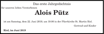 Traueranzeige von Alois Pütz von trierischer_volksfreund