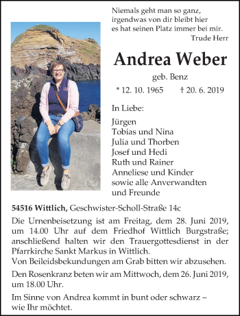 Traueranzeige von Andrea Weber von trierischer_volksfreund